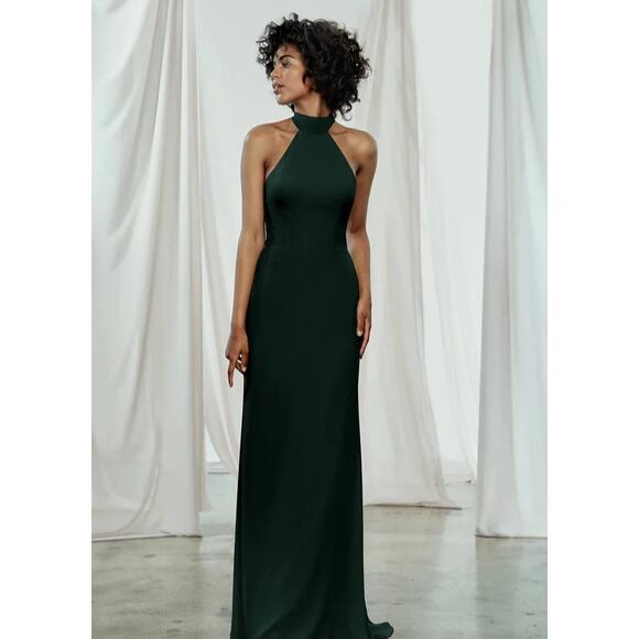Amsale GB070F Sophia Hunter Green Flat Chiffon Halter Bridesmaid Gown Size 8 - Picture 1 of 5
